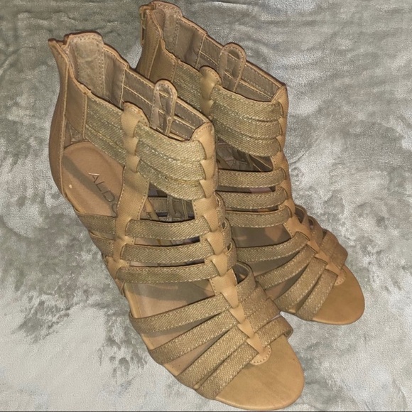 Aldo Strappy Gladiator Tan Heel Zip Back Size 38 - Picture 1 of 5